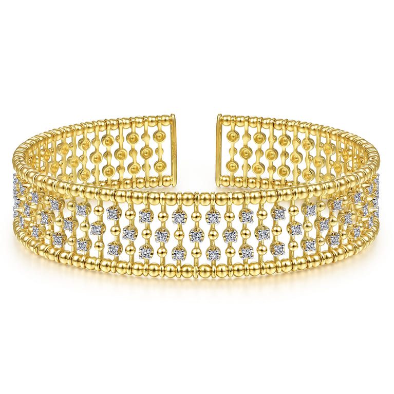 14K Yellow Gold Bujukan Bead Cuff Bracelet with Diamond Stations - 0.75 ct - Shot 1