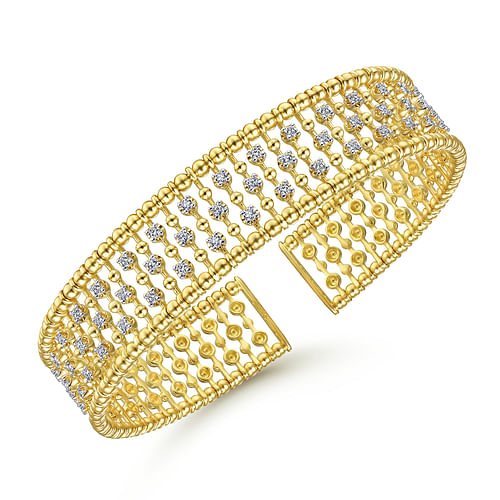 14K Yellow Gold Bujukan Bead Cuff Bracelet with Diamond Stations - 0.75 ct - Shot 2