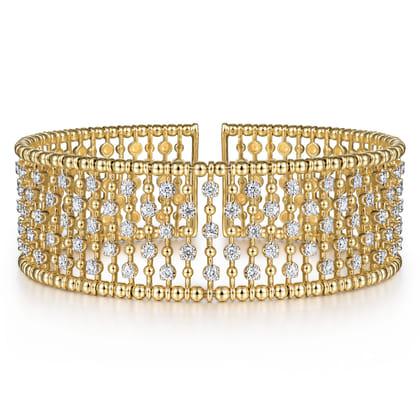 14K Yellow Gold Bujukan Bead Cuff Bracelet with Diamond Stations