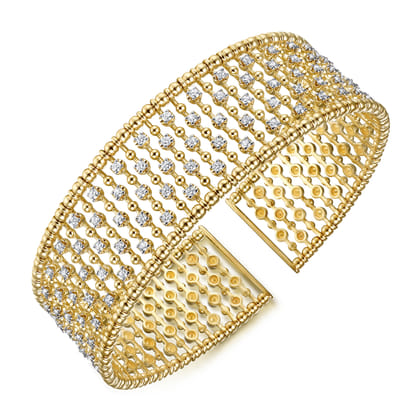14K Yellow Gold Bujukan Bead Cuff Bracelet with Diamond Stations