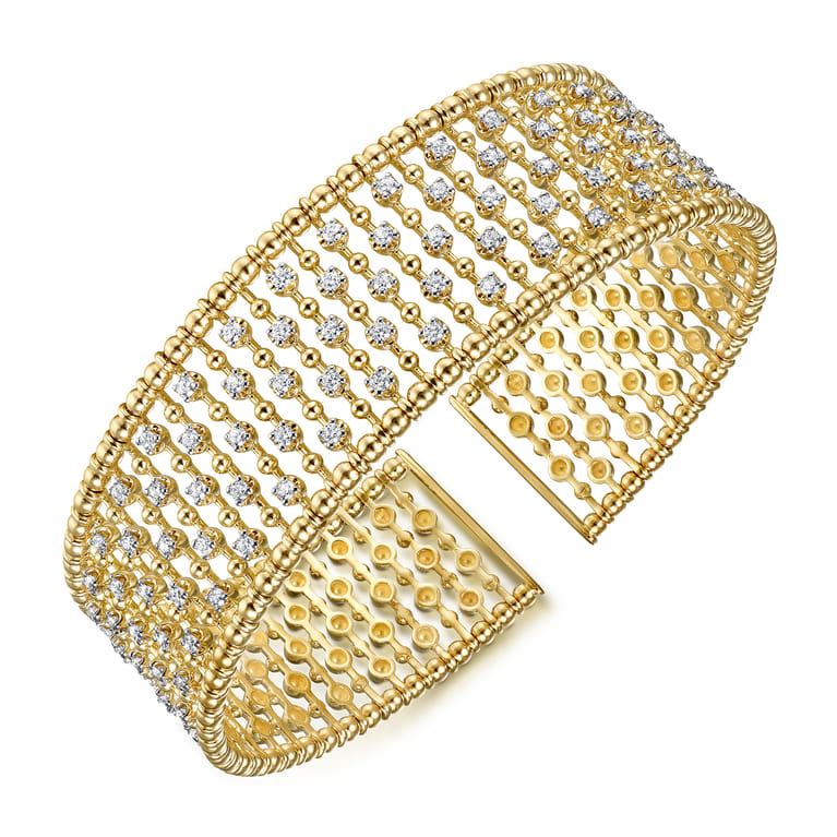 14K Yellow Gold Bujukan Bead Cuff Bracelet with Diamond Stations - 1.2 ct - Shot 2