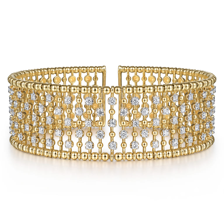 14K Yellow Gold Bujukan Bead Cuff Bracelet with Diamond Stations - 1.2 ct - Shot 1