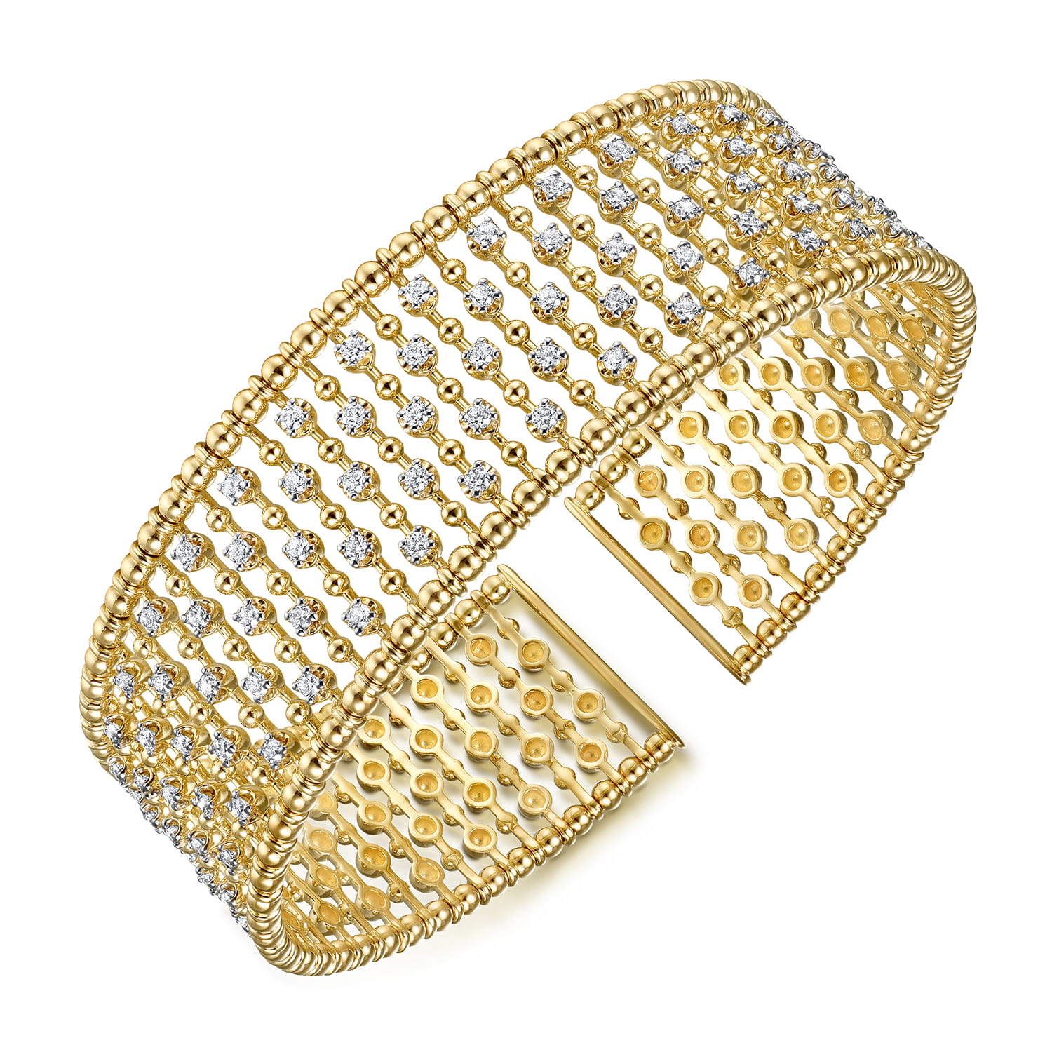 14K Yellow Gold Bujukan Bead Cuff Bracelet with Diamond Stations - 1.2 ct - Shot 2
