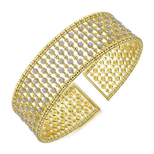 14K Yellow Gold Bujukan Bead Cuff Bracelet with Diamond Stations - 1.2 ct - Shot 2