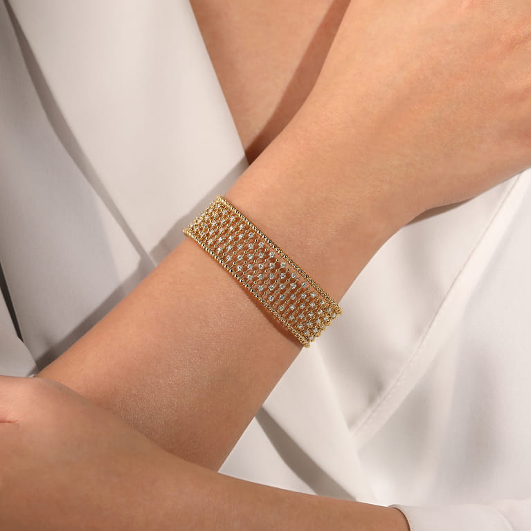 14K Yellow Gold Bujukan Bead Cuff Bracelet with Diamond Stations - 1.2 ct - Shot 4
