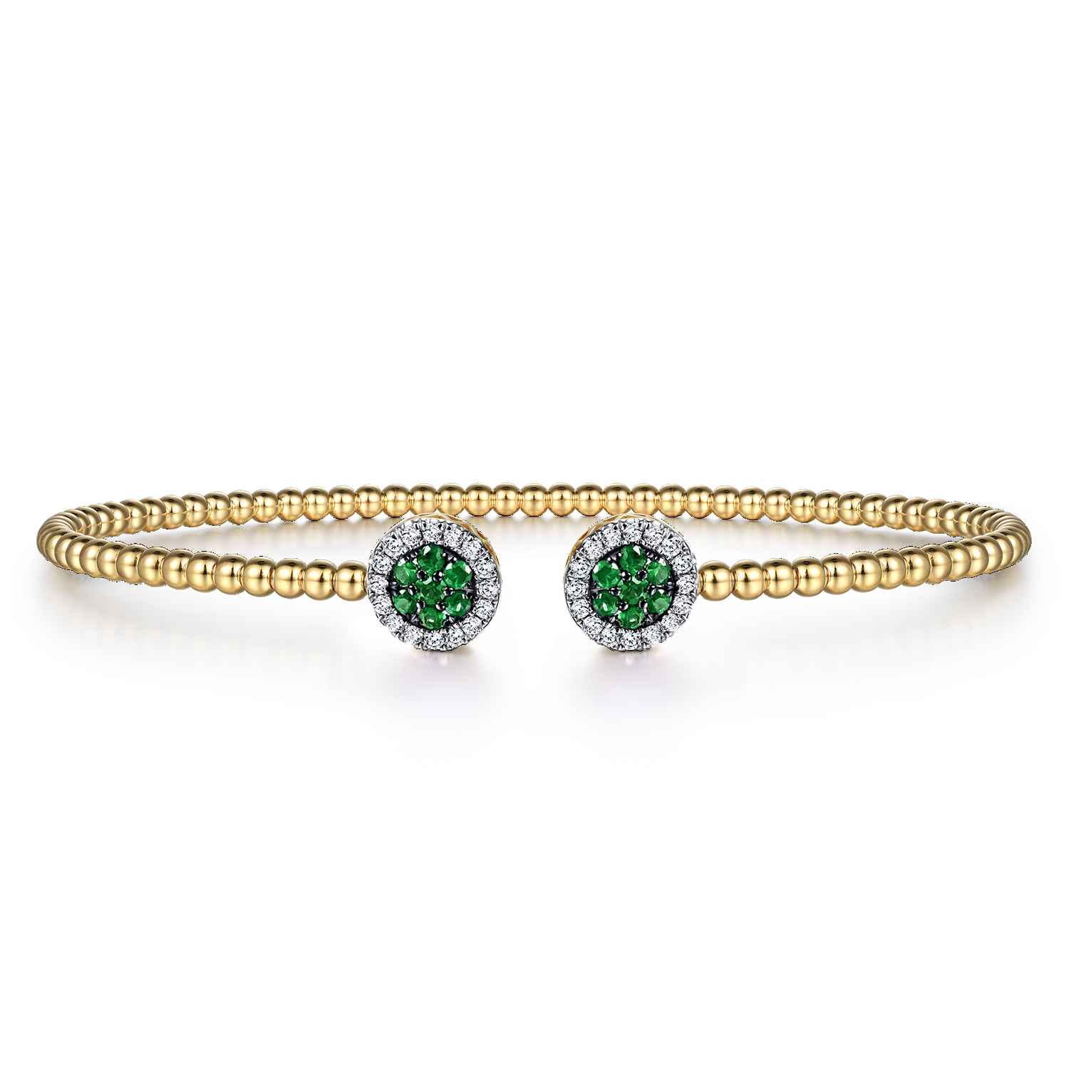 14K Yellow Gold Bujukan Bead Cuff Bracelet with Emerald and Diamond Halo Caps - Shot 1