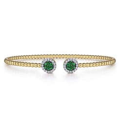 14K Yellow Gold Bujukan Bead Cuff Bracelet with Emerald and Diamond Halo Caps