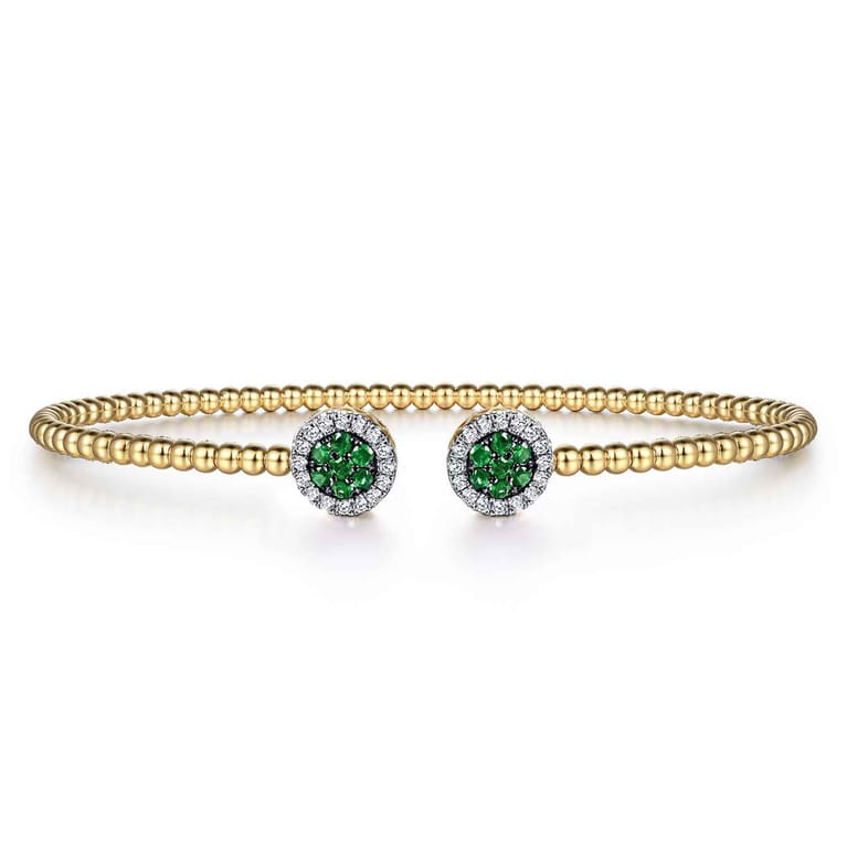 14K Yellow Gold Bujukan Bead Cuff Bracelet with Emerald and Diamond Halo Caps - Shot 1