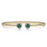 14K Yellow Gold Bujukan Bead Cuff Bracelet with Emerald and Diamond Halo Caps