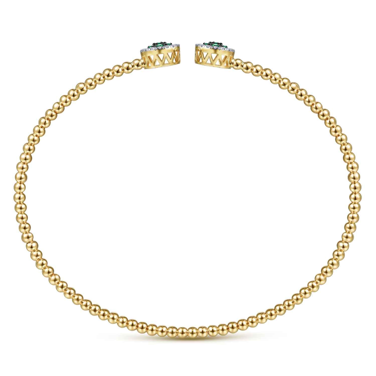 14K Yellow Gold Bujukan Bead Cuff Bracelet with Emerald and Diamond Halo Caps - Shot 3