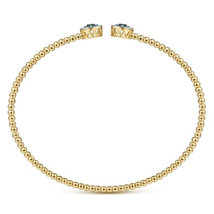14K Yellow Gold Bujukan Bead Cuff Bracelet with Emerald and Diamond Halo Caps