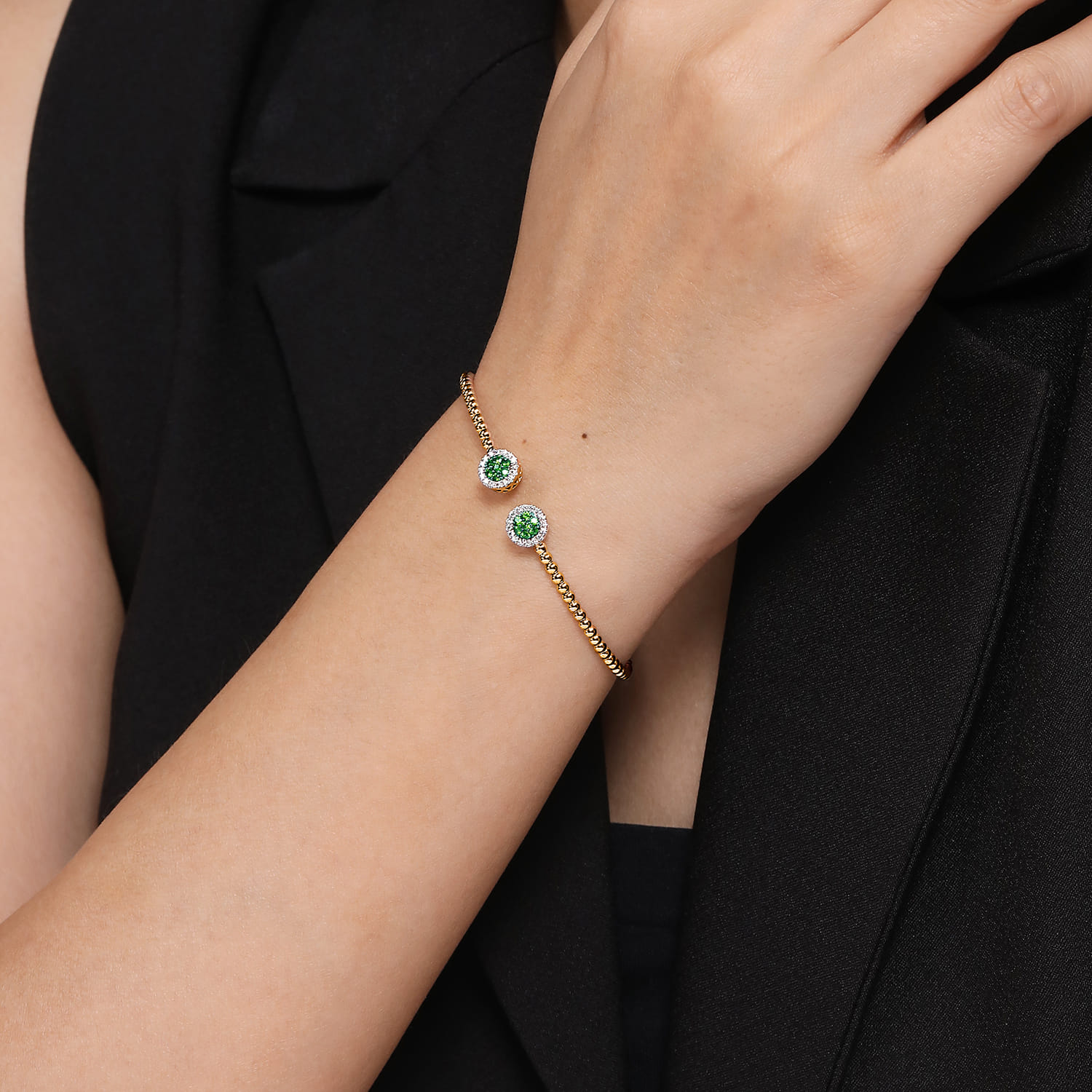 14K Yellow Gold Bujukan Bead Cuff Bracelet with Emerald and Diamond Halo Caps - 0.16 ct - Shot 4