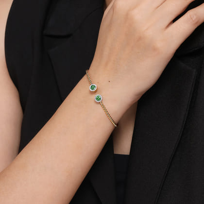 14K Yellow Gold Bujukan Bead Cuff Bracelet with Emerald and Diamond Halo Caps