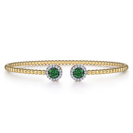 14K Yellow Gold Bujukan Bead Cuff Bracelet with Emerald and Diamond Halo Caps