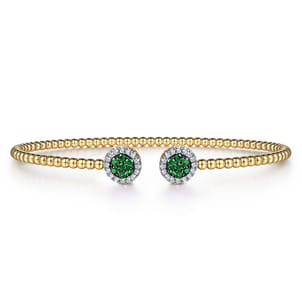 14K Yellow Gold Bujukan Bead Cuff Bracelet with Emerald and Diamond Halo Caps