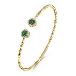14K Yellow Gold Bujukan Bead Cuff Bracelet with Emerald and Diamond Halo Caps