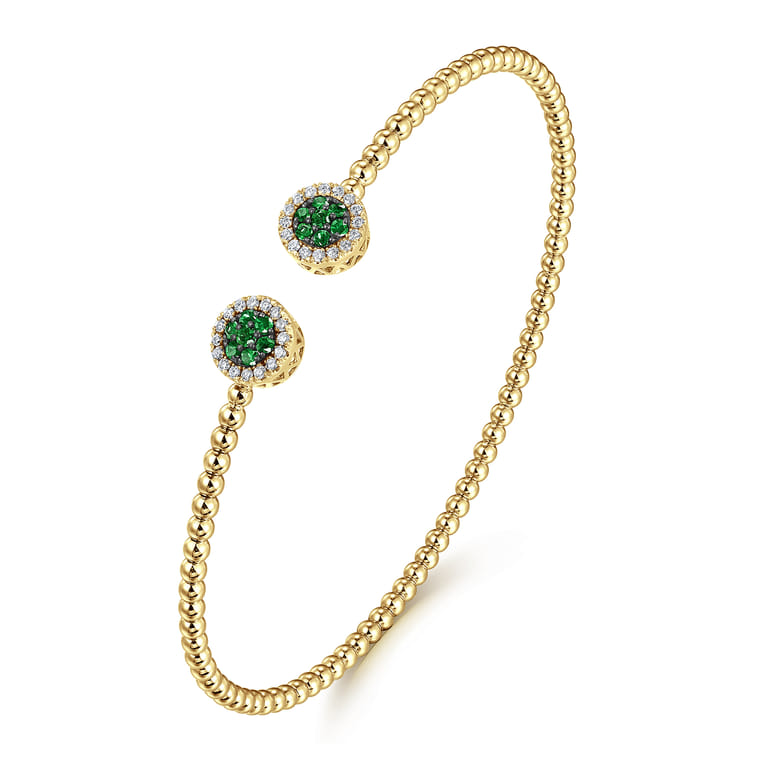 14K Yellow Gold Bujukan Bead Cuff Bracelet with Emerald and Diamond Halo Caps - 0.16 ct - Shot 2