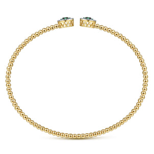 14K Yellow Gold Bujukan Bead Cuff Bracelet with Emerald and Diamond Halo Caps