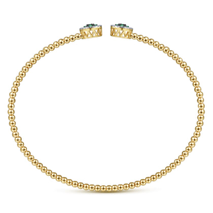 14K Yellow Gold Bujukan Bead Cuff Bracelet with Emerald and Diamond Halo Caps