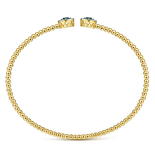 14K Yellow Gold Bujukan Bead Cuff Bracelet with Emerald and Diamond Halo Caps - 0.16 ct - Shot 3
