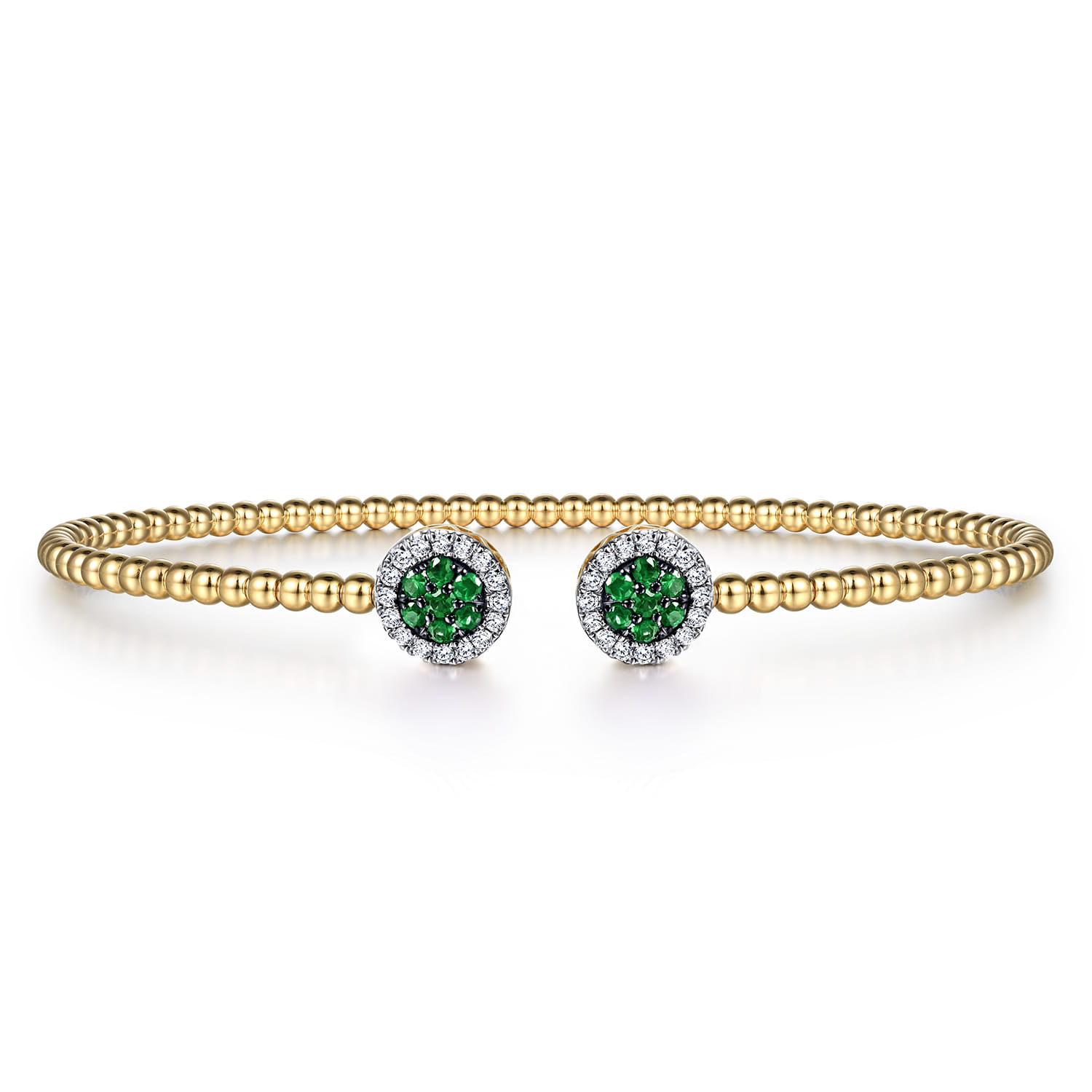 14K Yellow Gold Bujukan Bead Cuff Bracelet with Emerald and Diamond Halo Caps - 0.16 ct - Shot 1