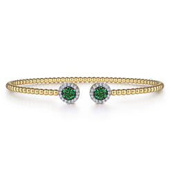 14K Yellow Gold Bujukan Bead Cuff Bracelet with Emerald and Diamond Halo Caps