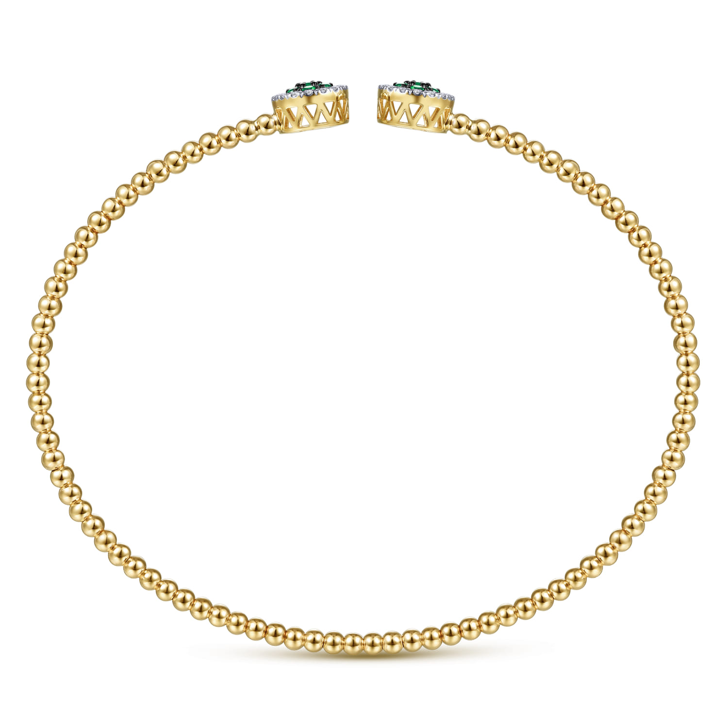 14K Yellow Gold Bujukan Bead Cuff Bracelet with Emerald and Diamond Halo Caps - 0.16 ct - Shot 3