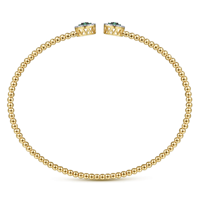 14K Yellow Gold Bujukan Bead Cuff Bracelet with Emerald and Diamond Halo Caps - 0.16 ct - Shot 3