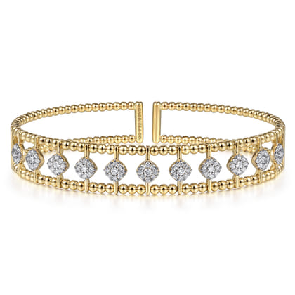 14K Yellow Gold Bujukan Bead Cuff Bracelet with Pave Diamond Connectors