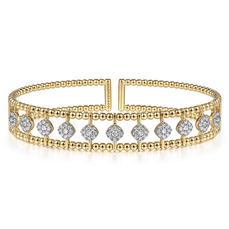 14K Yellow Gold Bujukan Bead Cuff Bracelet with Pave Diamond Connectors - 0.75 ct - Shot 1