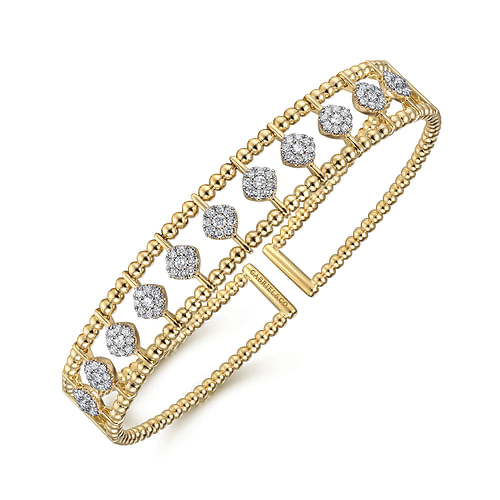 14K Yellow Gold Bujukan Bead Cuff Bracelet with Pave Diamond Connectors - 0.7 ct - Shot 2