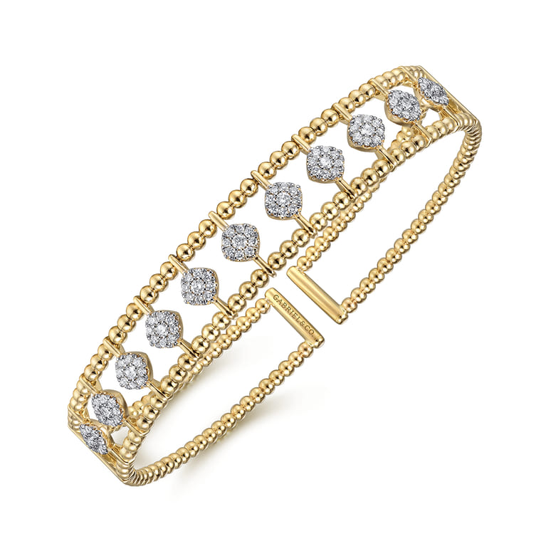 14K Yellow Gold Bujukan Bead Cuff Bracelet with Pave Diamond Connectors - 0.75 ct - Shot 2