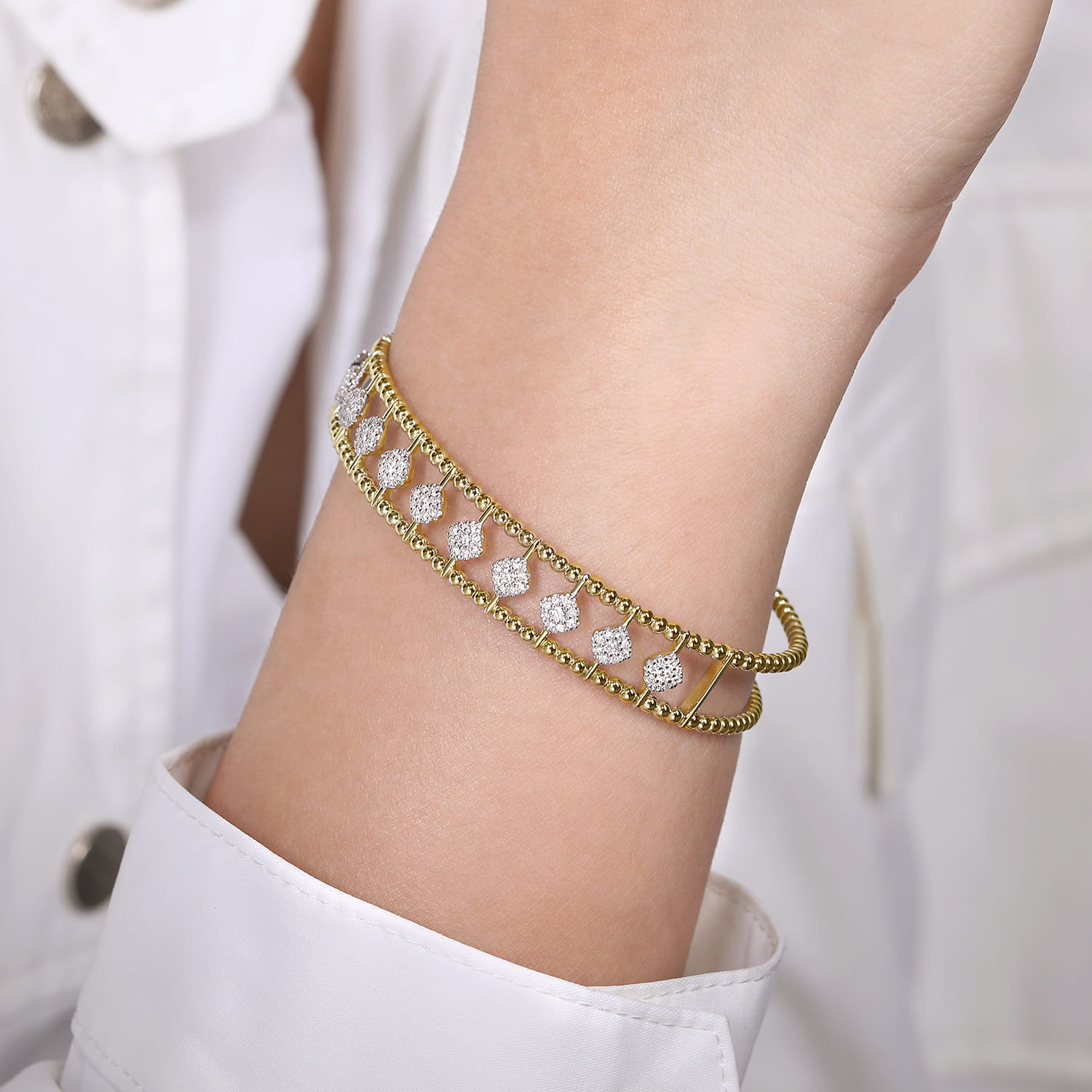 14K Yellow Gold Bujukan Bead Cuff Bracelet with Pave Diamond Connectors - 0.75 ct - Shot 4