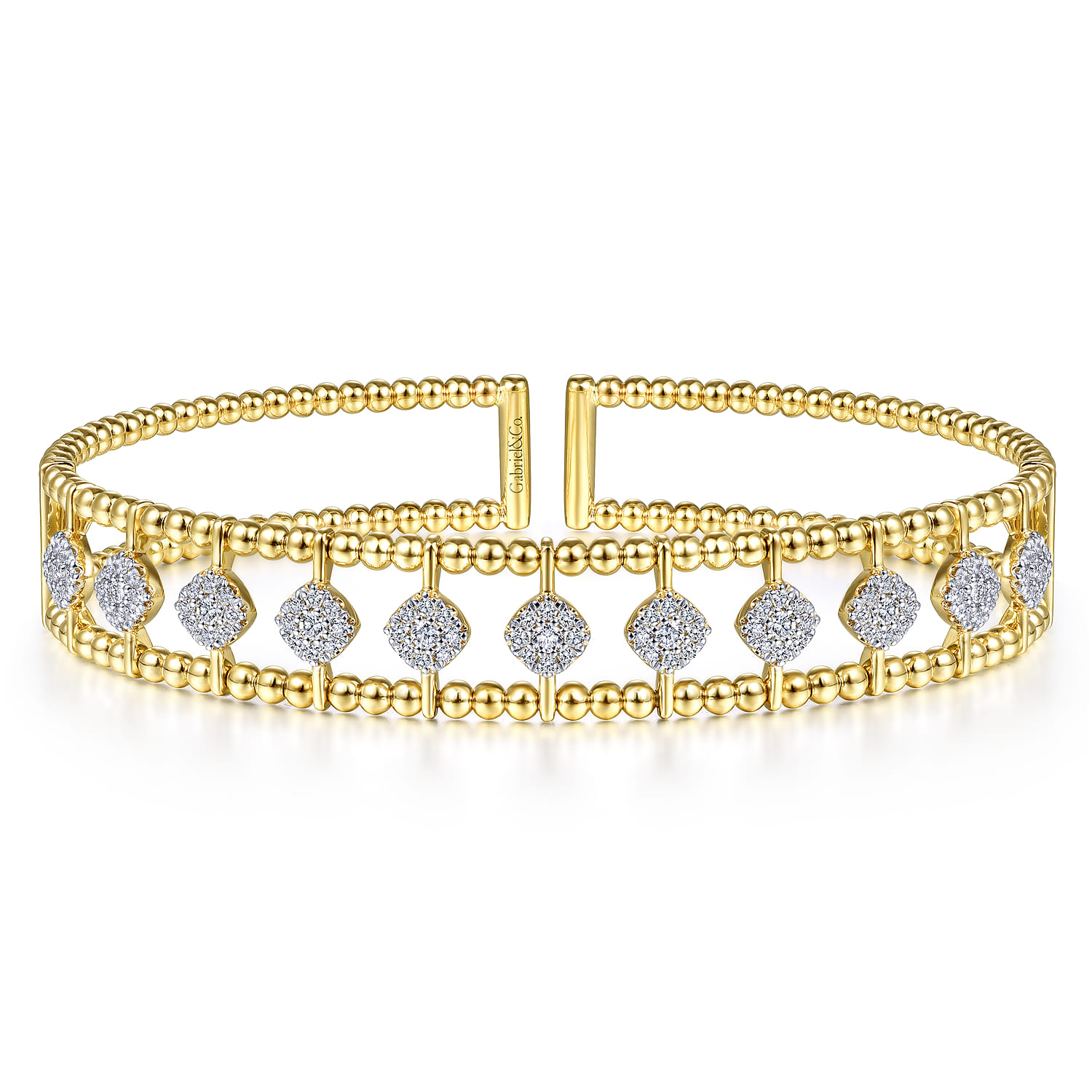 14K Yellow Gold Bujukan Bead Cuff Bracelet with Pave Diamond Connectors - 0.85 ct - Shot 1