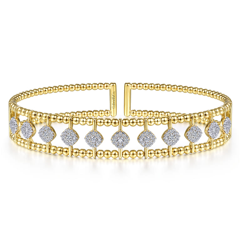 14K Yellow Gold Bujukan Bead Cuff Bracelet with Pave Diamond Connectors - 0.85 ct - Shot 1