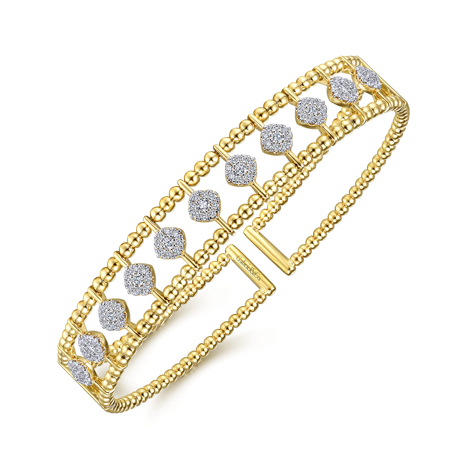 14K Yellow Gold Bujukan Bead Cuff Bracelet with Pave Diamond Connectors - 0.85 ct - Shot 2