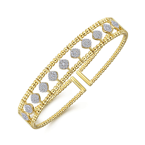14K Yellow Gold Bujukan Bead Cuff Bracelet with Pave Diamond Connectors - 0.85 ct - Shot 2