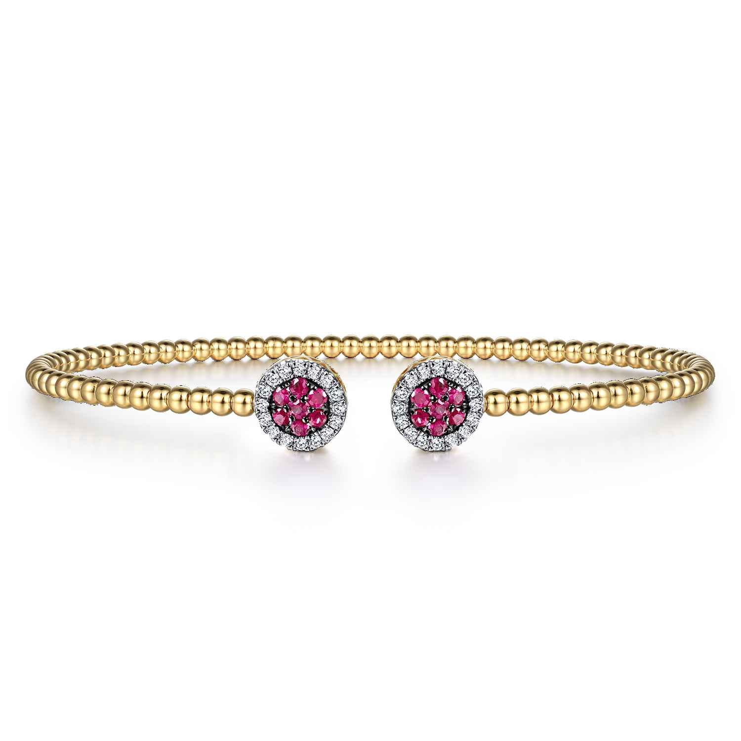 14K Yellow Gold Bujukan Bead Cuff Bracelet with Ruby and Diamond Halo Caps - 0.16 ct - Shot 1