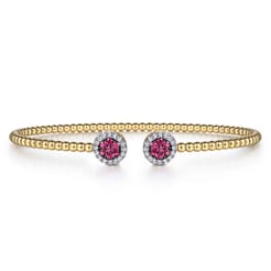 14K Yellow Gold Bujukan Bead Cuff Bracelet with Ruby and Diamond Halo Caps