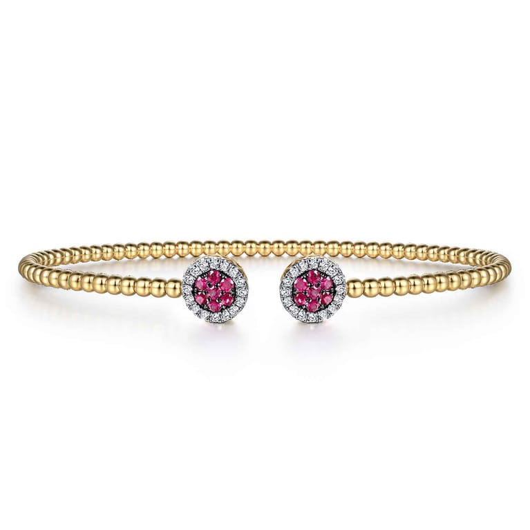 14K Yellow Gold Bujukan Bead Cuff Bracelet with Ruby and Diamond Halo Caps - 0.16 ct - Shot 1