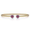 14K Yellow Gold Bujukan Bead Cuff Bracelet with Ruby and Diamond Halo Caps - 0.16 ct