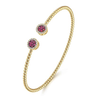 14K Yellow Gold Bujukan Bead Cuff Bracelet with Ruby and Diamond Halo Caps