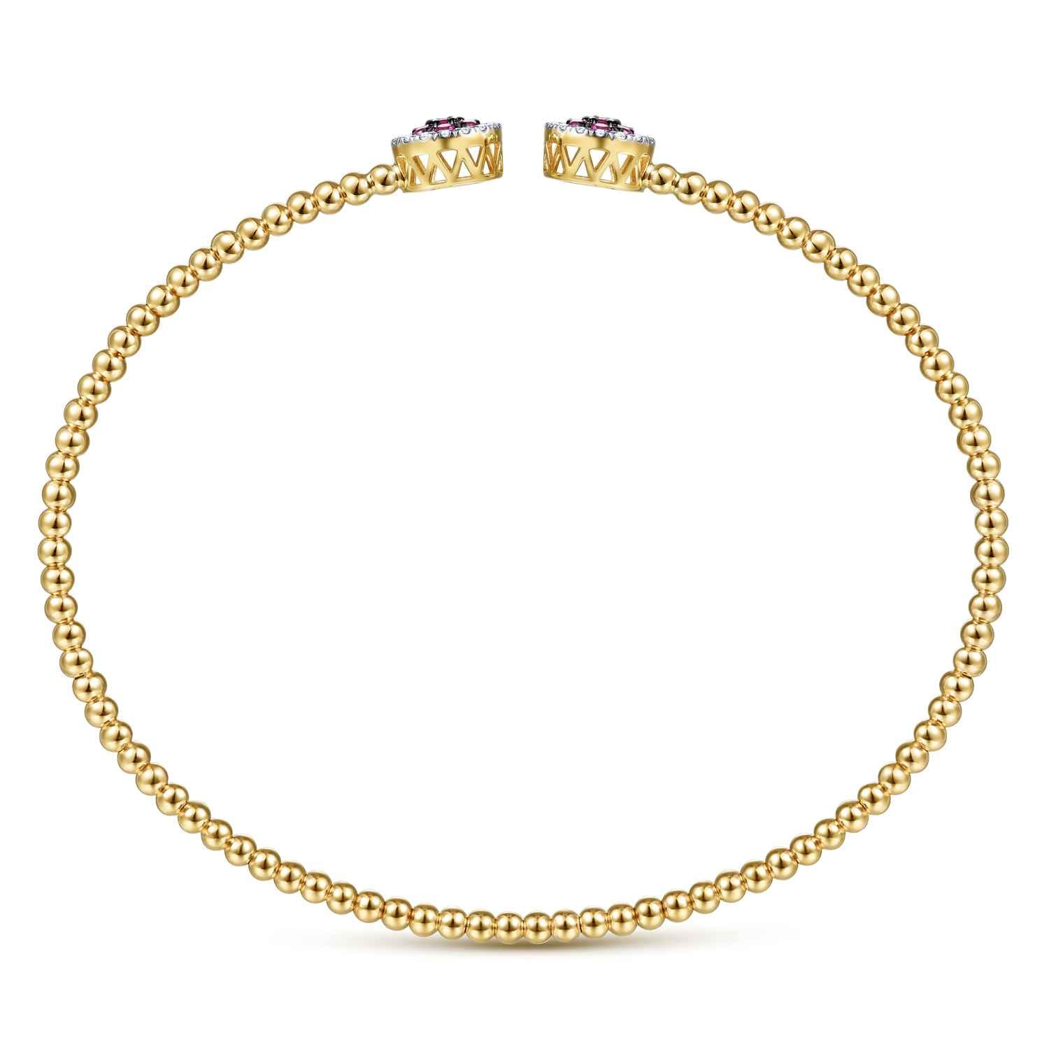 14K Yellow Gold Bujukan Bead Cuff Bracelet with Ruby and Diamond Halo Caps - 0.16 ct - Shot 3