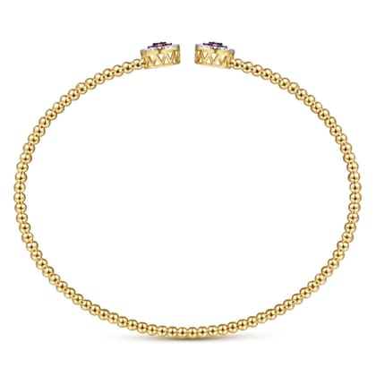 14K Yellow Gold Bujukan Bead Cuff Bracelet with Ruby and Diamond Halo Caps