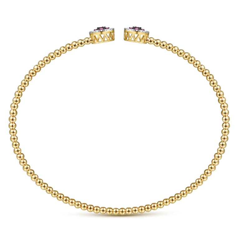 14K Yellow Gold Bujukan Bead Cuff Bracelet with Ruby and Diamond Halo Caps - 0.16 ct - Shot 3