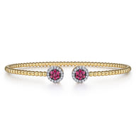 14K Yellow Gold Bujukan Bead Cuff Bracelet with Ruby and Diamond Halo Caps