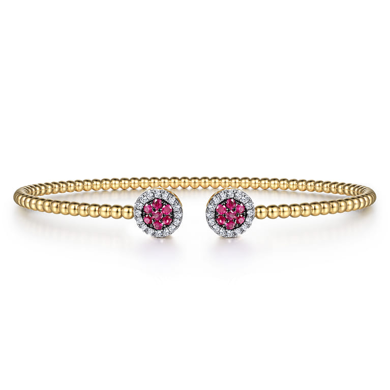 14K Yellow Gold Bujukan Bead Cuff Bracelet with Ruby and Diamond Halo Caps - 0.16 ct - Shot 1