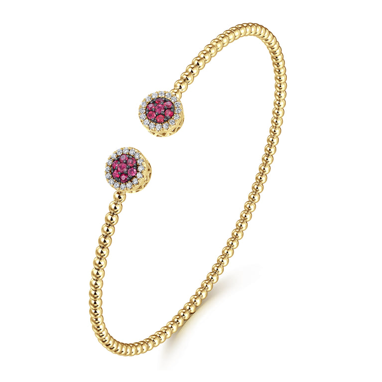 14K Yellow Gold Bujukan Bead Cuff Bracelet with Ruby and Diamond Halo Caps - 0.16 ct - Shot 2