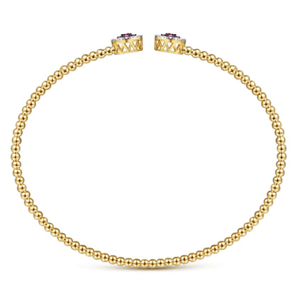 14K Yellow Gold Bujukan Bead Cuff Bracelet with Ruby and Diamond Halo Caps