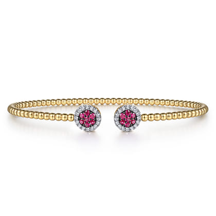 14K Yellow Gold Bujukan Bead Cuff Bracelet with Ruby and Diamond Halo Caps